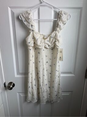 No Boundaries Cream Dress with Small Blue Floral Print
